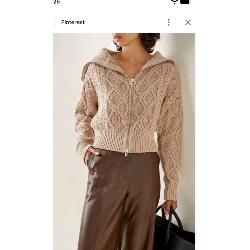 Self Portrait Taupe Cable Knit Wool Blend‎ Cardigan Sweater Full Zip Size Medium